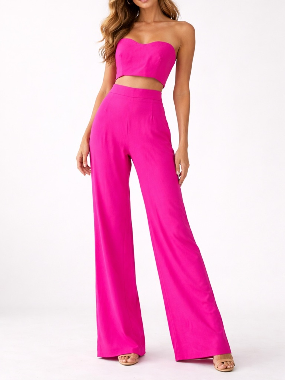 Marcell Von Berlin Pink Sample Strapless Bustier Top & Flare Suit Pants Set
